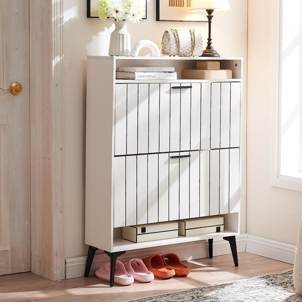 Narrow Shoe Storage Cabinet with Flip Drawers Wooden Organizer Drawer and Ope...