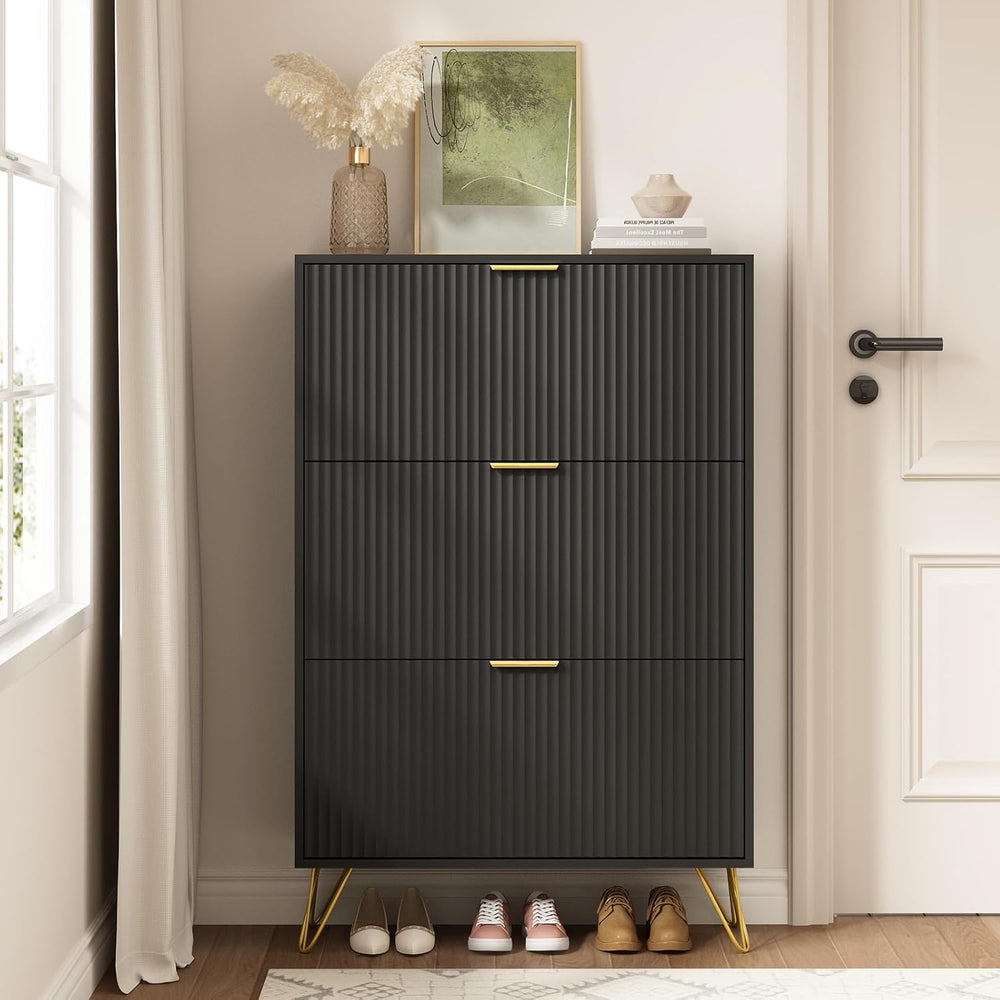 Fluted Shoe Cabinet with 3 Flip Drawers, Gold Handle and Metal Legs, Black丨Fl...