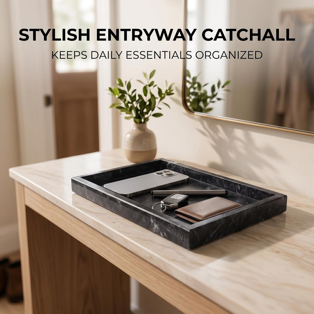 Natural Marble Tray, 12"x8" Rectangular Vanity Catchall w/Silicone ...