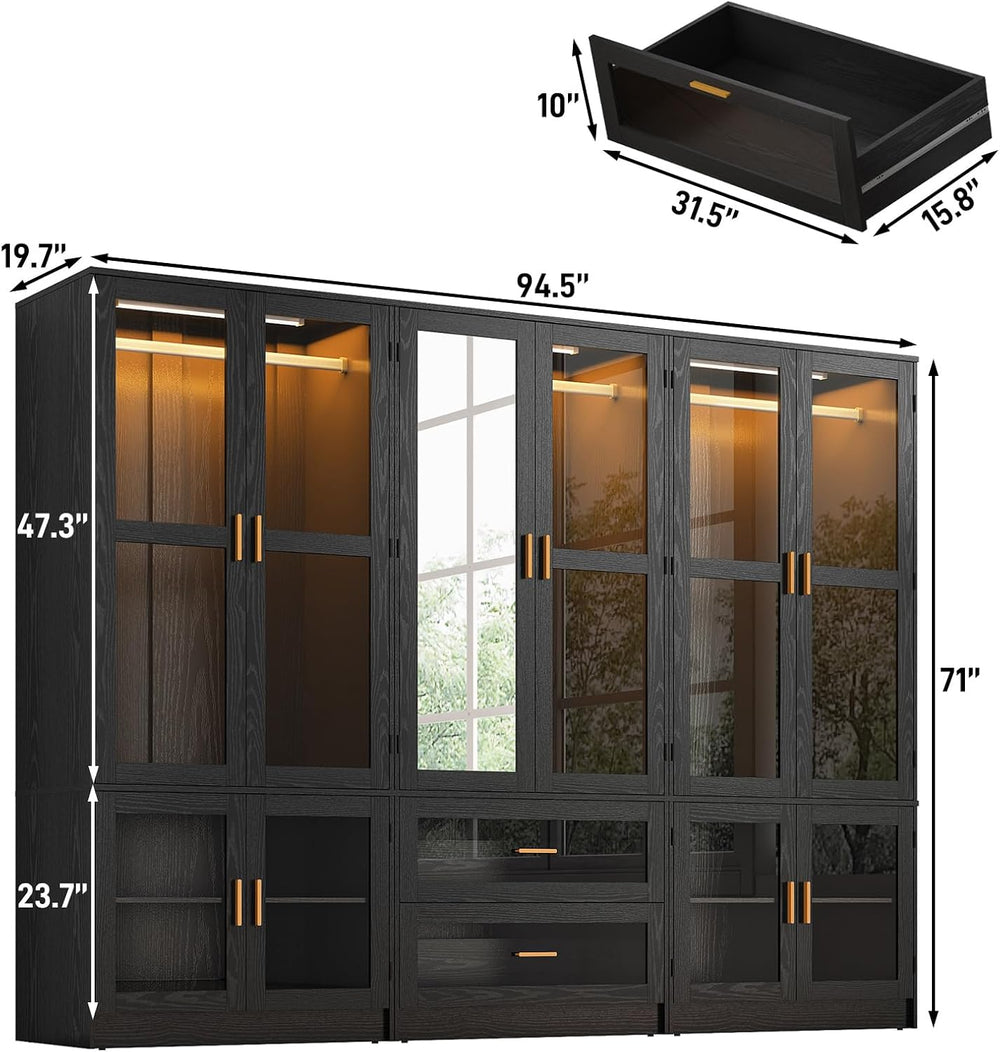 6 Doors Armoire Wardrobe Closet with LED and Mirror,71" H Freestanding W...