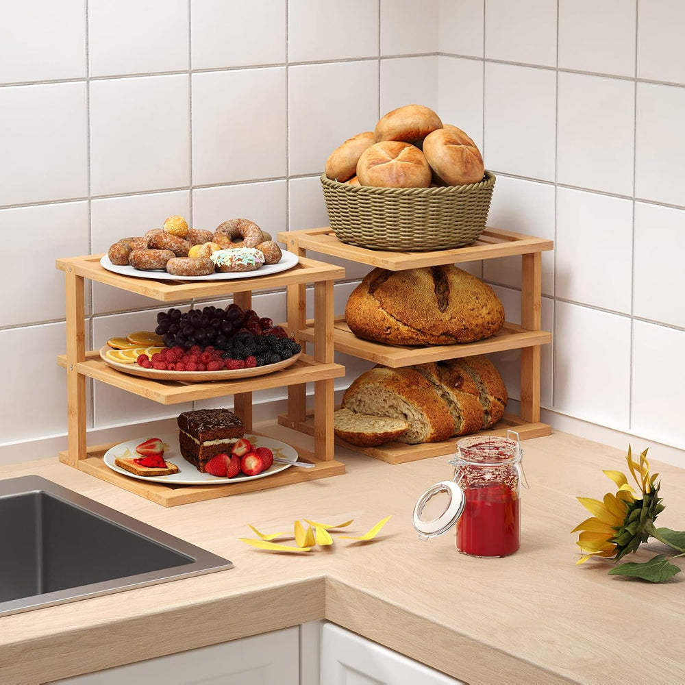 4 Pack Bamboo Corner Shelf,3 Tier Kitchen Cabinet Organizer for Plates and Di...
