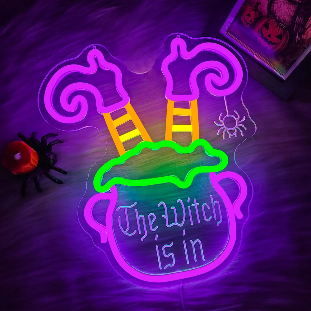 Halloween Neon Sign Dimmable Witch Legs In Cauldron LED Sign The Witch Is In ...