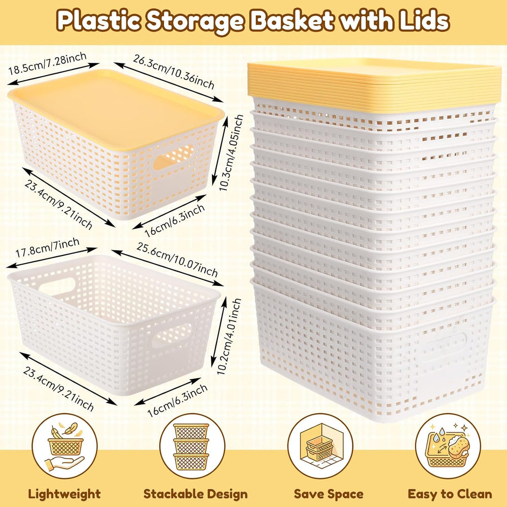 Remerry 12 Pack Plastic Storage Baskets with Lids Stackable, Cream White