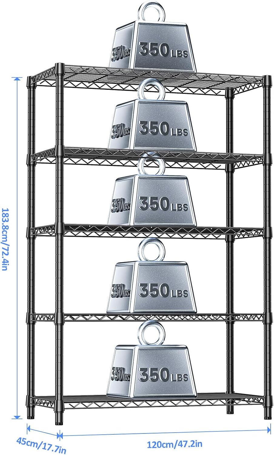 5 Tier 72"in Height 1750 LBS Garage Steel Wire Shelving for Pantry, Laundry