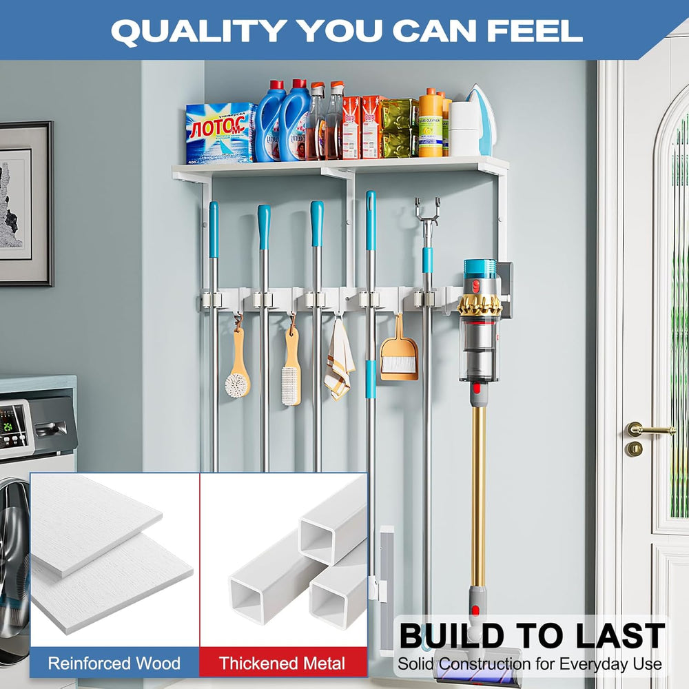 Broom Holder Wall Mount with Cleaning Supplies Organizer, Laundry Room Organi...