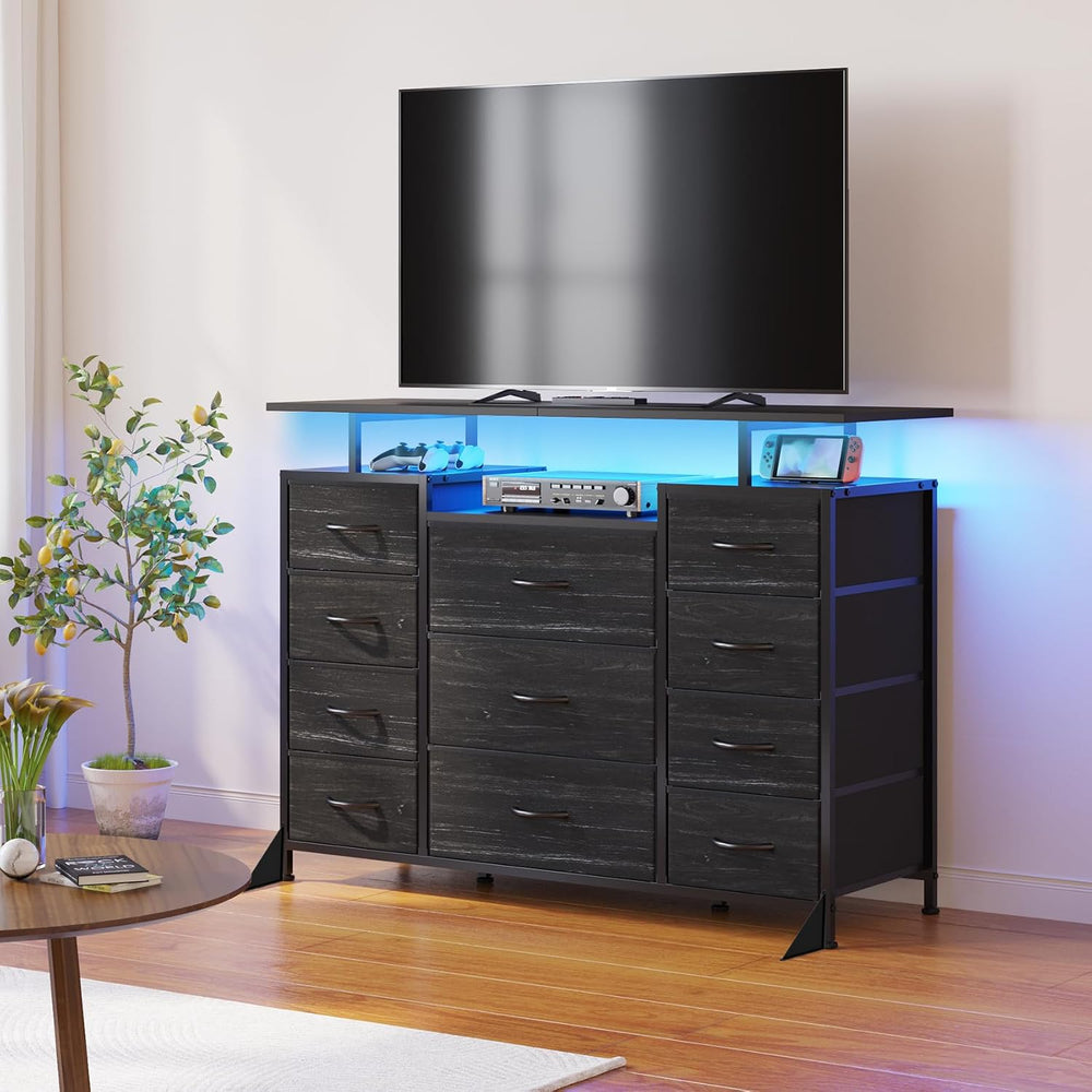 LUMTOK 11 Drawers Dresser with LED Light&Shelf,Dresser tv Stand for Bedroom