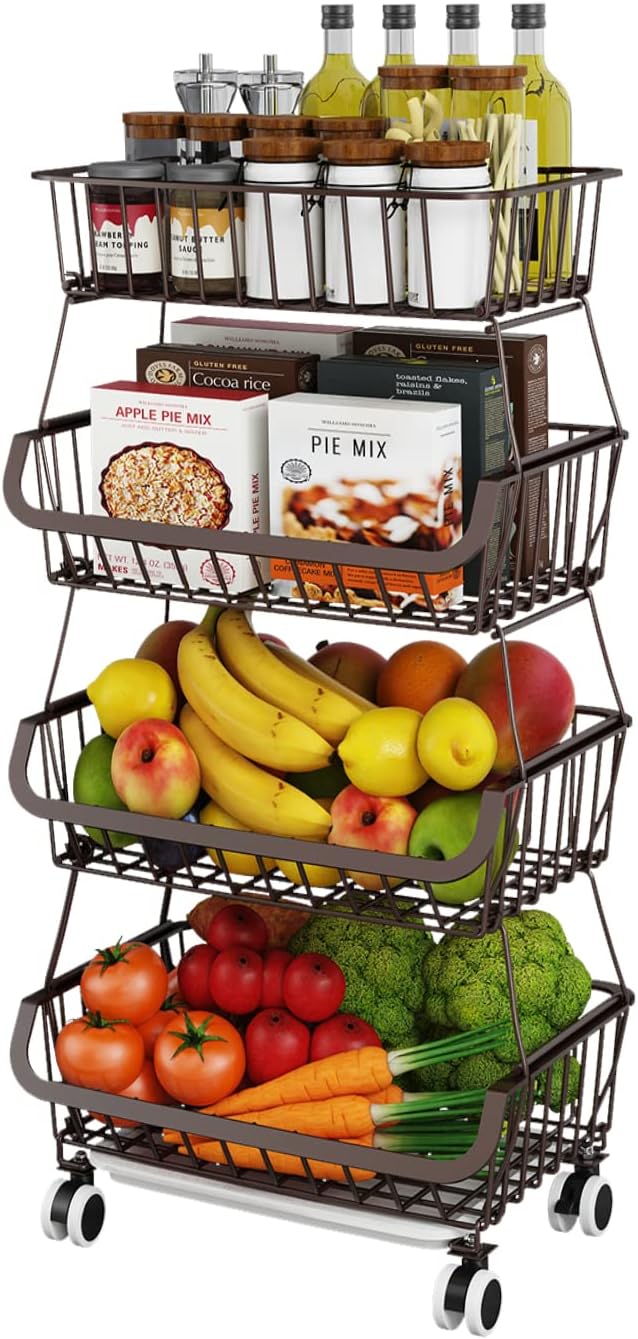 Fruit Vegetable Storage Basket for Kitchen - 4 Tier Stackable Metal Wire Bask...