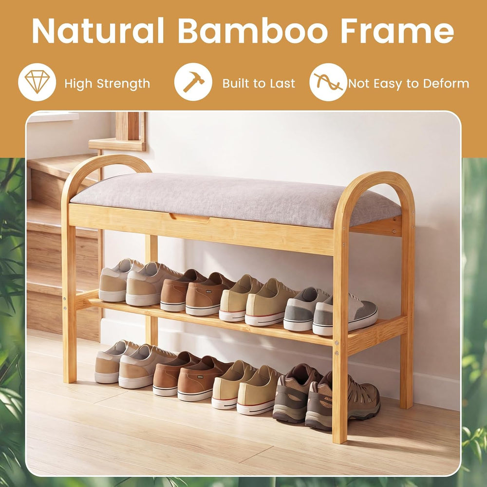 GOFLAME Bamboo Shoe Rack Bench with Storage, 2-Tier Entryway Bench with Flip ...
