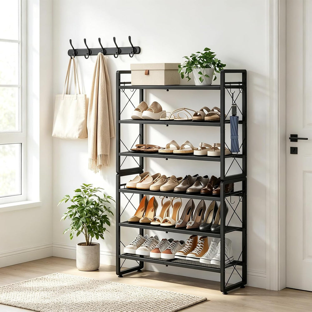 ELYKEN Expandable Shoe Rack for Closet, 6-Tier Metal Black Shoe Organizer