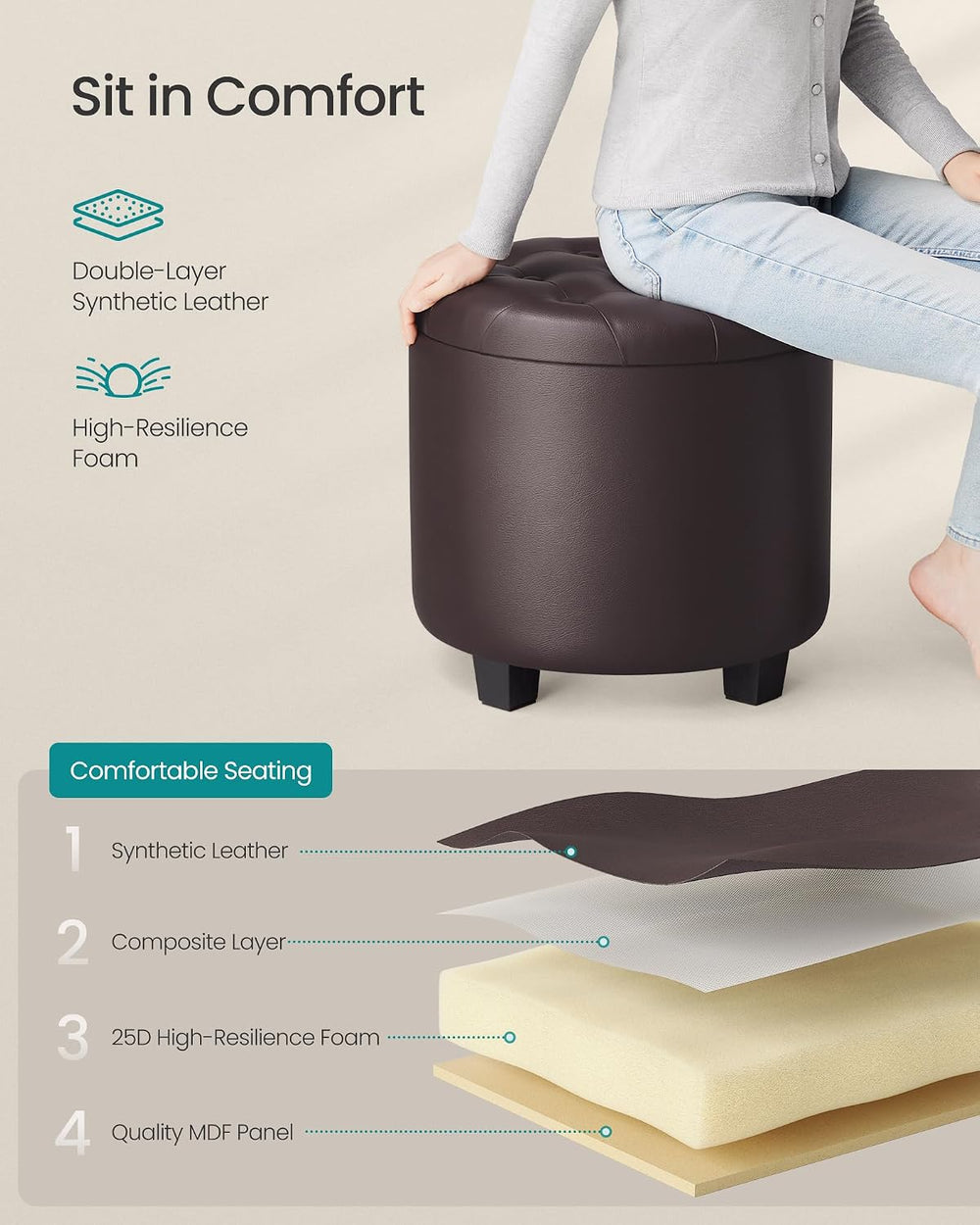 SONGMICS Vanity Stool, Round Ottoman with Storage, PVC Leather