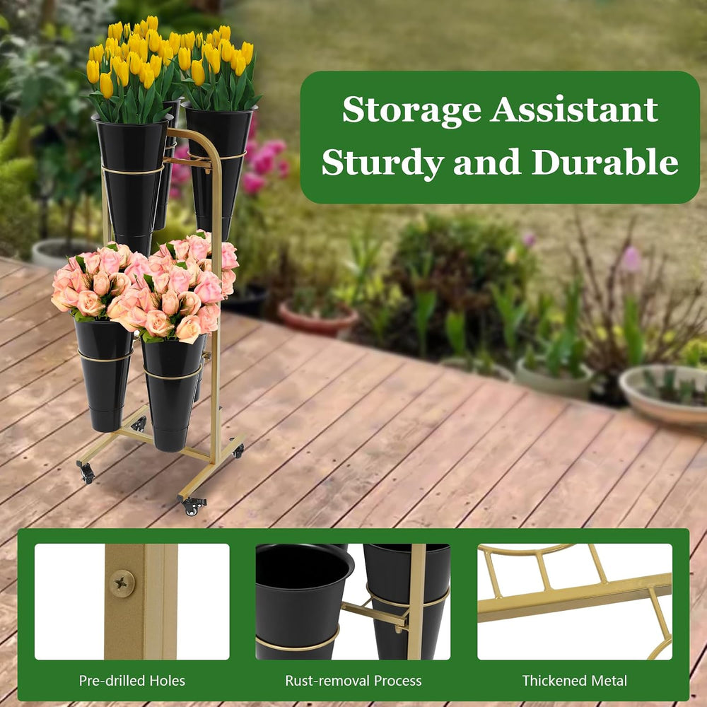 Flower Display Stand with 6 Pieces Bucket, Metal Plant Stand, Heavy Duty Movi...
