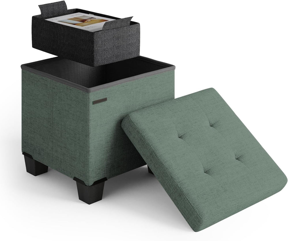 Storage Ottoman Cube with Small Bin, 15-in Square Ottoman with Storage for Li...