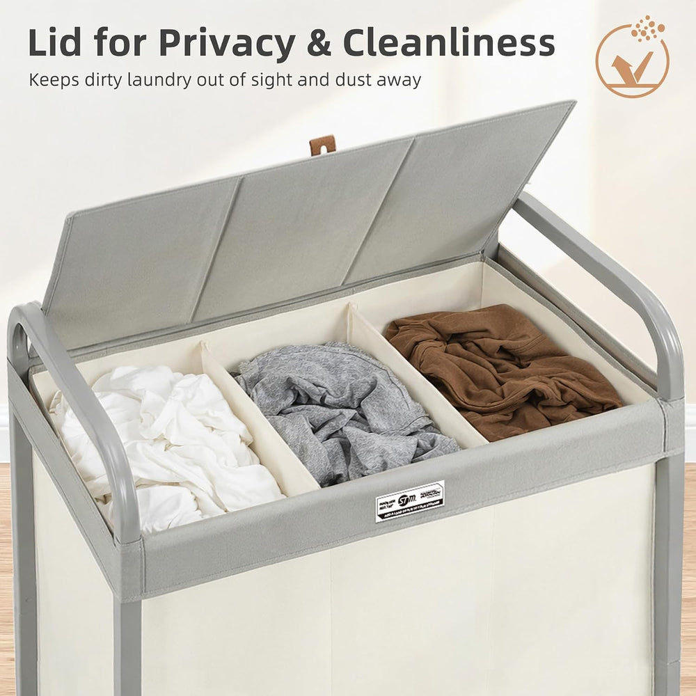 STORAGE MANIAC Laundry Hamper 3 Section with Lid Rolling Laundry Basket