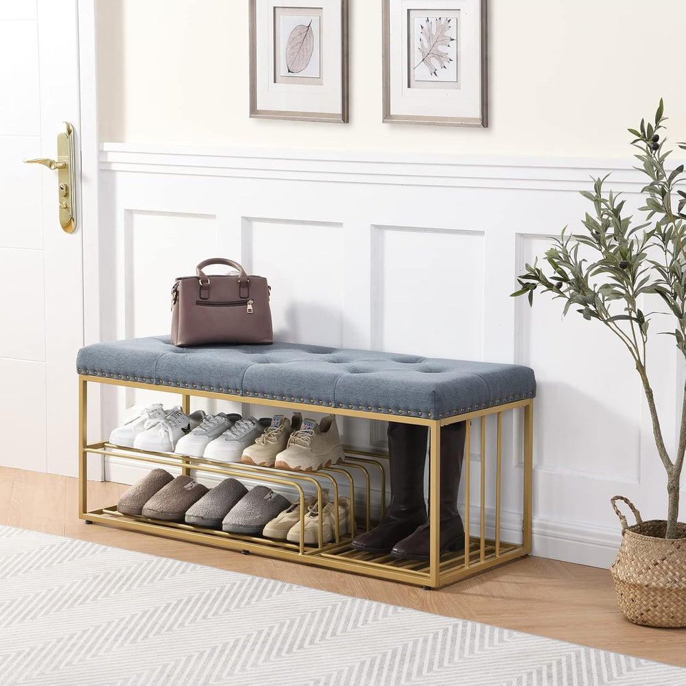Upholstered Shoe Storage Bench-Nailhead Trim Linen Ottoman Bench with Shoes R...