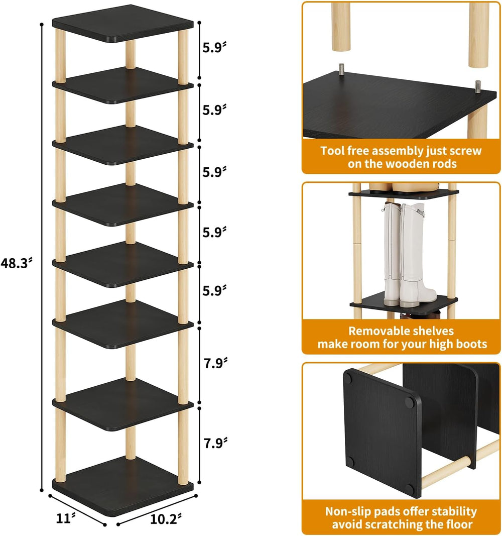 8 Tiers Vertical Shoe Rack, Tall Narrow Shoe Tower, Corner Shoe Rack, black