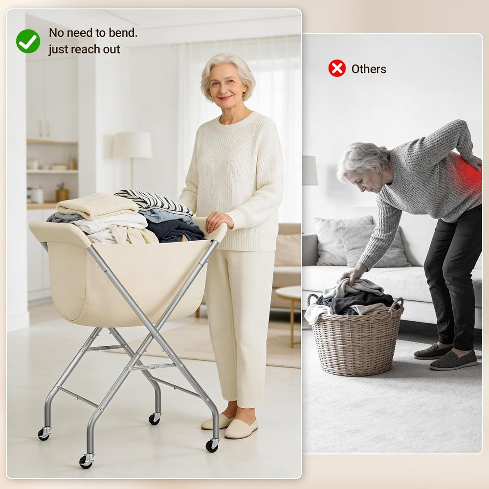 ELYKEN Laundry Basket with Wheels, Collapsible Laundry Hamper, Cream