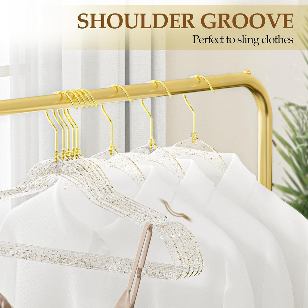 100 Pack Clear Acrylic Hangers with Gold Glitter, Space Saving
