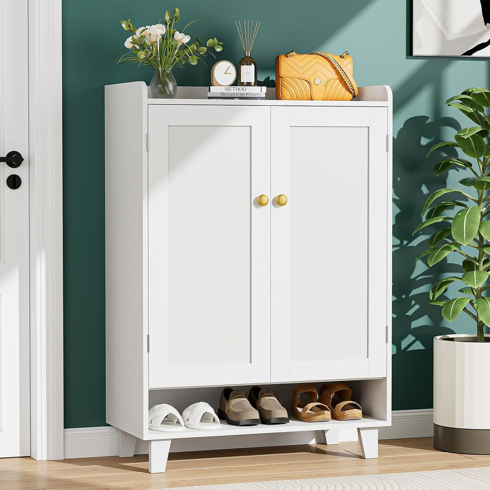 Flat-Shelf Shoe Cabinet with Doors，6-Tier Shoes Storage Cabinet with Adjustab...