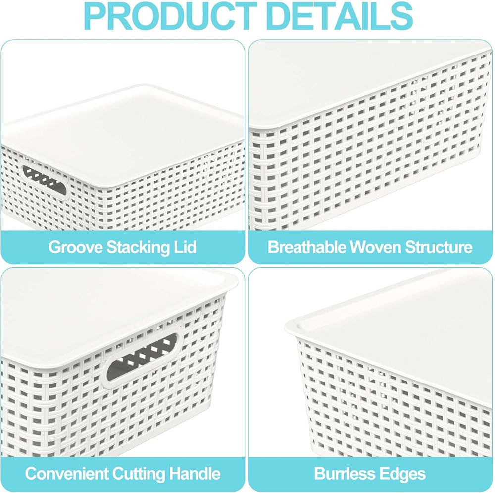 Plastic Storage Baskets with Lid, 6-Pack Organizer Bins, White