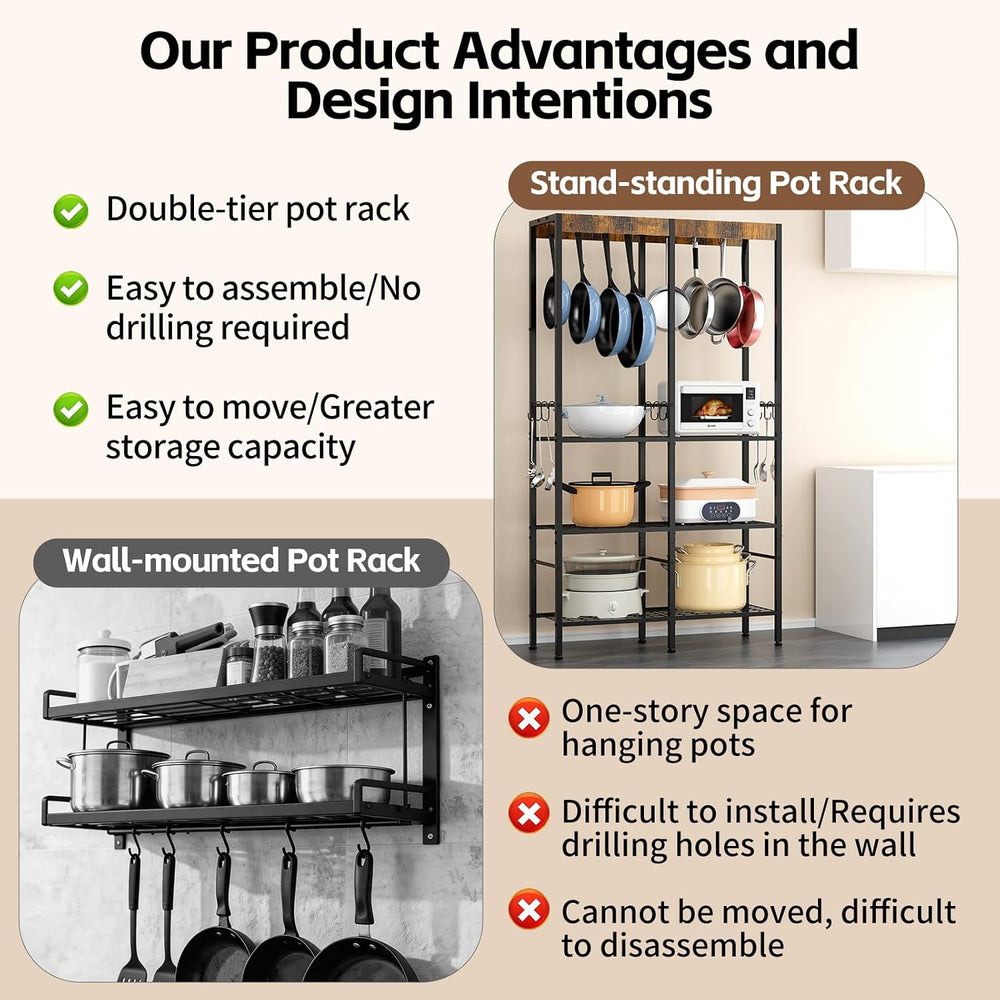 Pot Rack 5 Tier— Pot and Pan Organizer with Hanging Rod, Holds Cast Iron &amp...