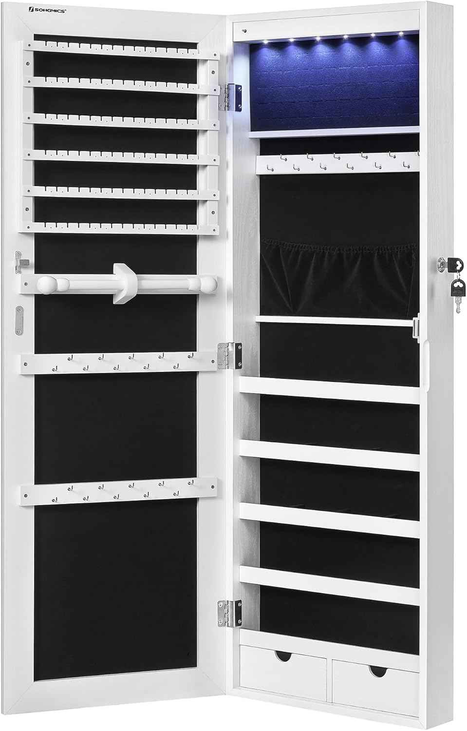 SONGMICS Mirror Jewelry Cabinet Armoire, Wall or Door Mounted, Lockable