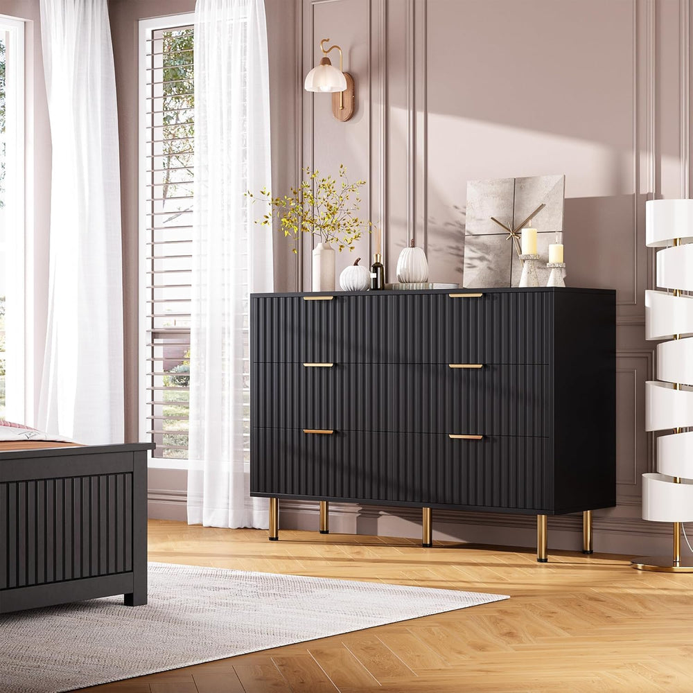 GarveeHome 47.2" Fluted Black 6 Drawer Dresser for Bedroom with Deep Drawer