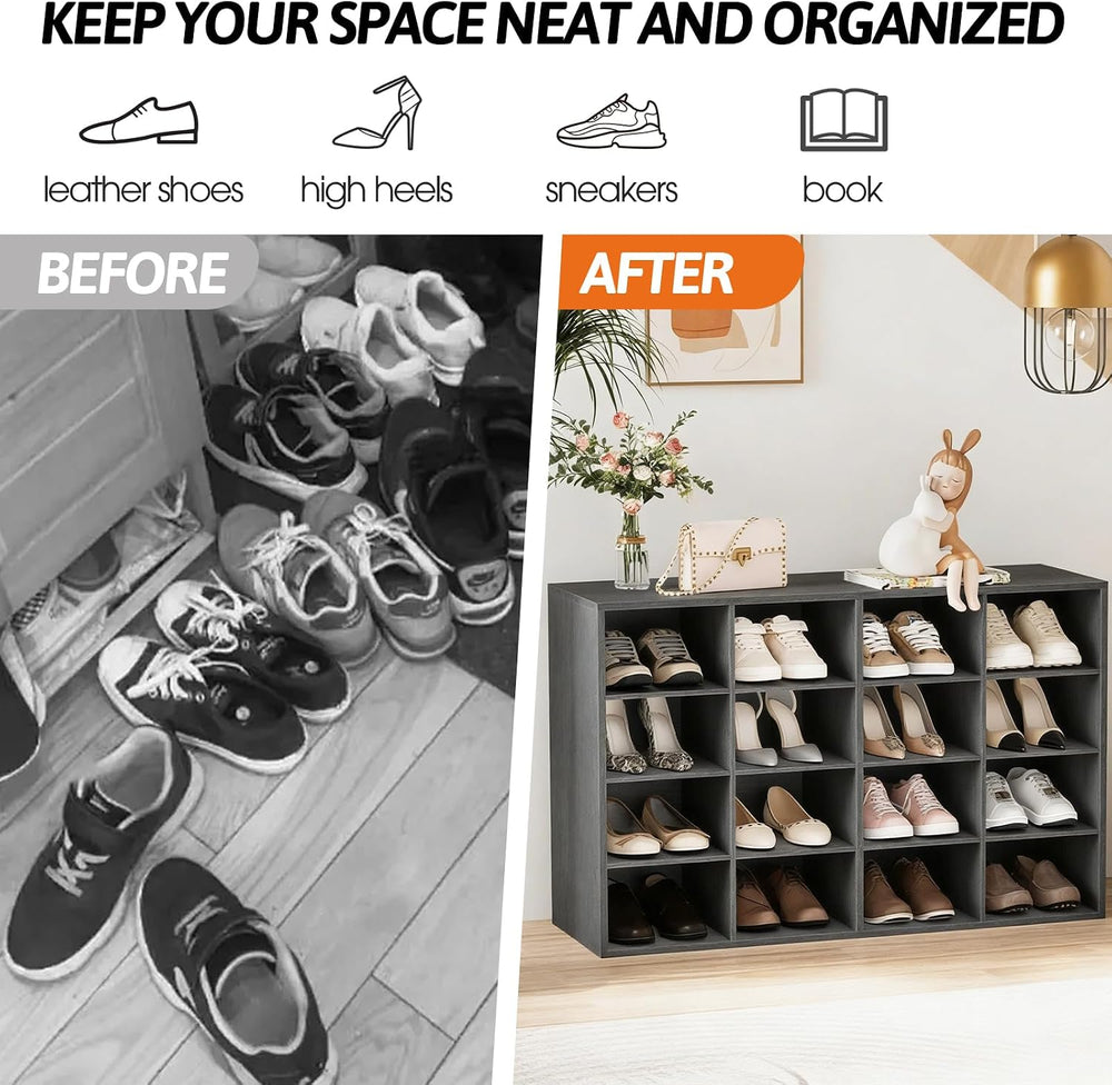 Garden 4 you Shoe Storage Bench, Cubby Shoe Rack with 16 Cubbies, 4-Tier Wood...