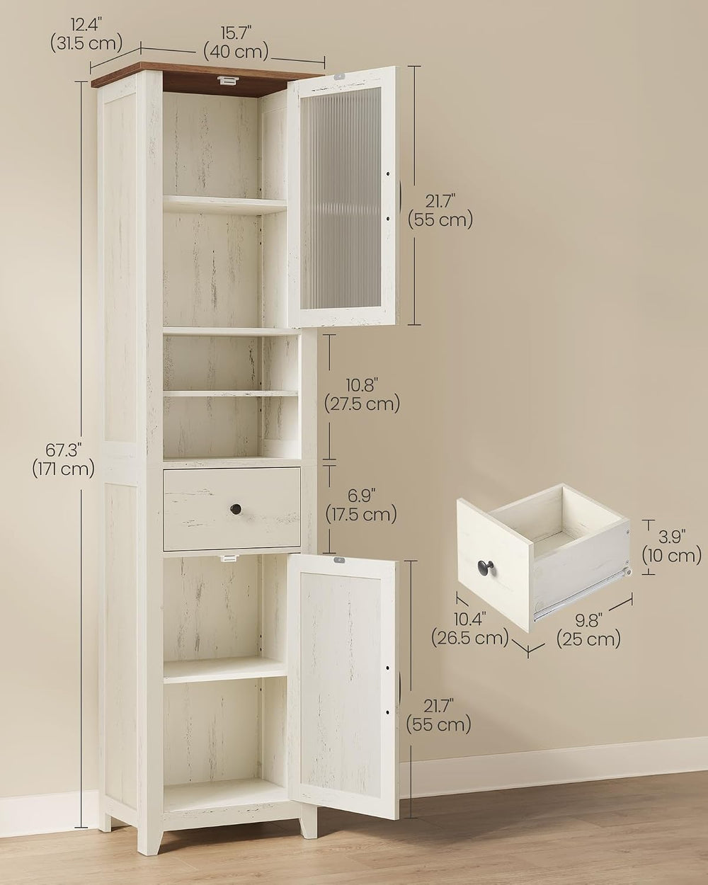 VASAGLE Tall Bathroom Cabinet, Narrow Space Saver, 15.7 x 12.4 x 67.3 inch