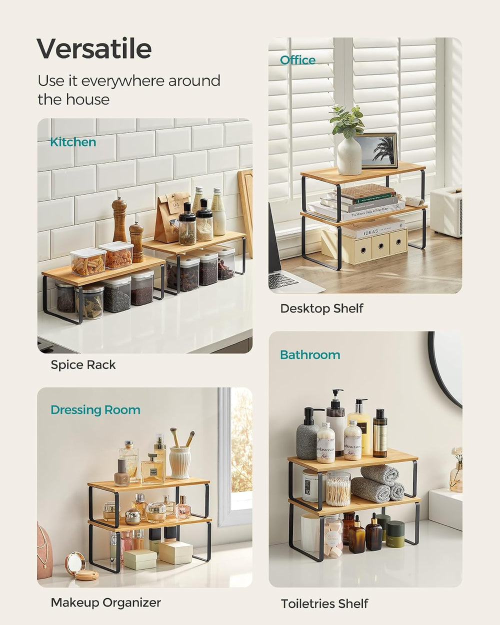 SONGMICS Cabinet Organizer Shelf, Set of 2 Spice Rack, Kitchen Storage