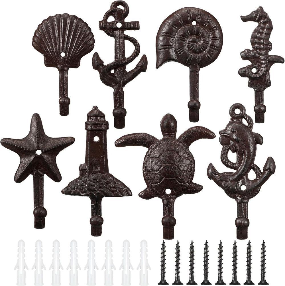 8 Pcs Cast Iron Nautical Hook Starfish Seashell Wall Hook, Rust