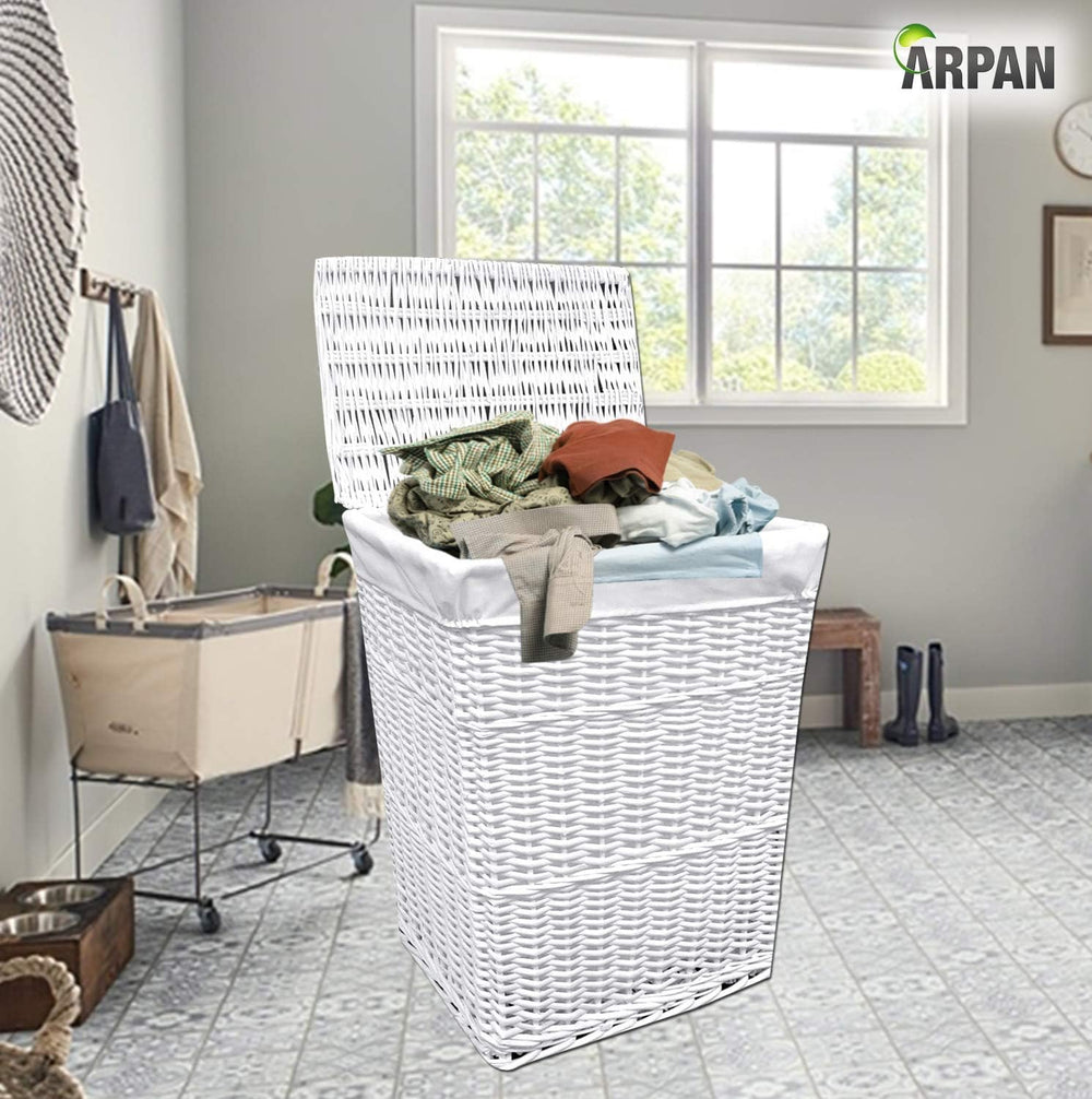 ARPAN Large Wicker Laundry Basket with White Lining, 32LX45WX59H