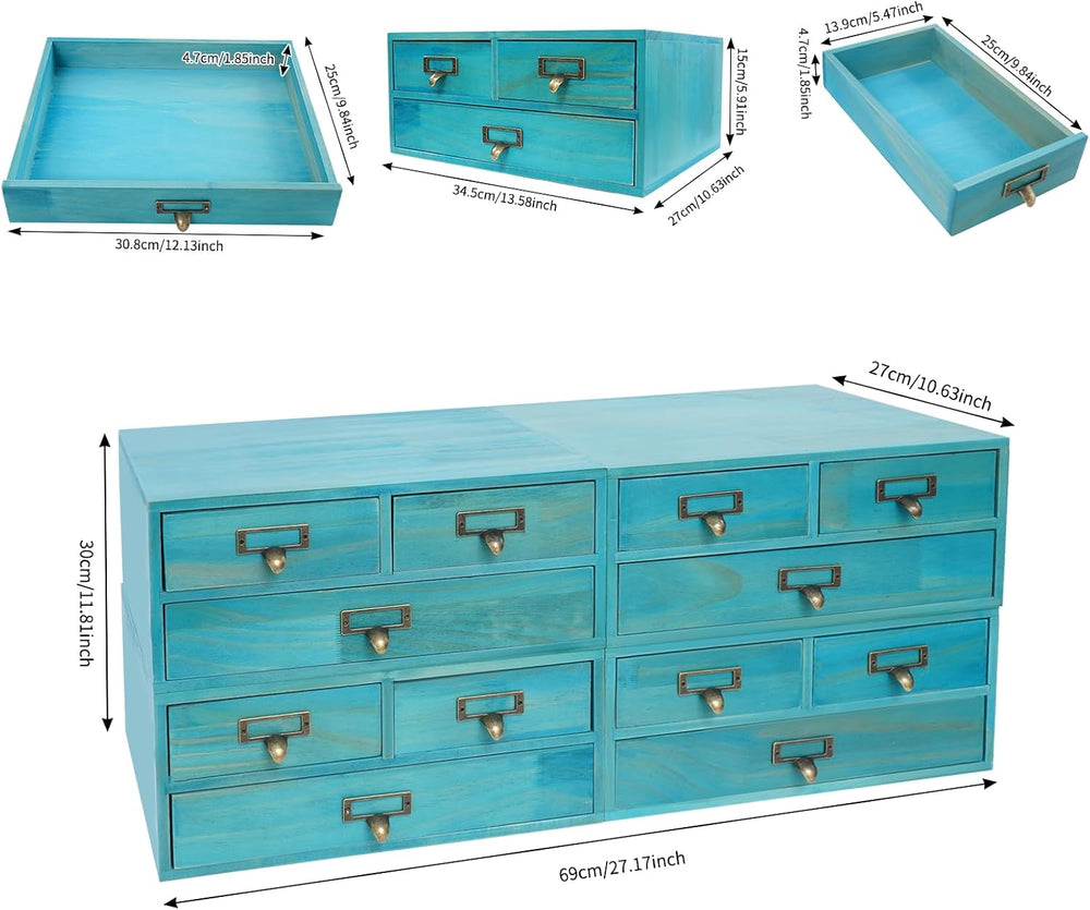 4 Pcs Vintage Desktop Organizer Set, Wooden 12 Drawer Storage Cabinets with M...