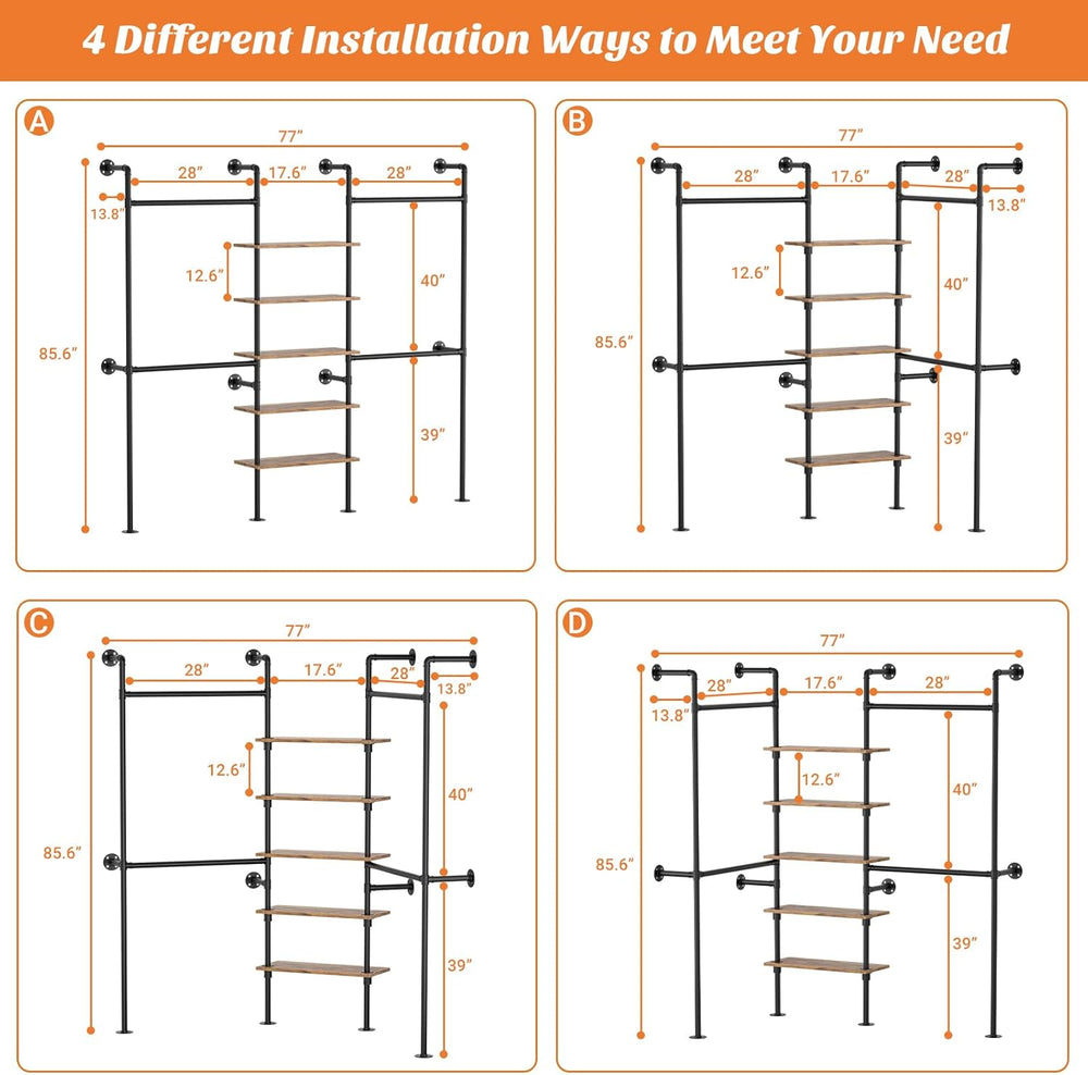 Aheaplus Industrial Pipe Clothing Rack, 6.42FT Closet Organizer System