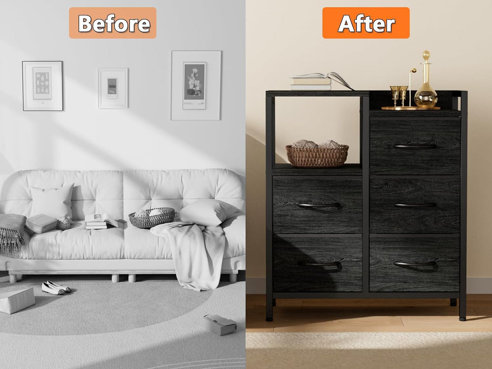 Furnulem Black Dresser for Bedroom, 5 Drawer Small Fabric Closet Dresser