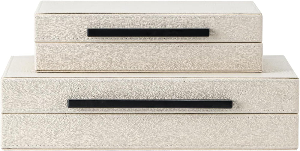 Set of 2 Beige Shagreen Decorative Storage Boxes with Black Metal Handles – F...