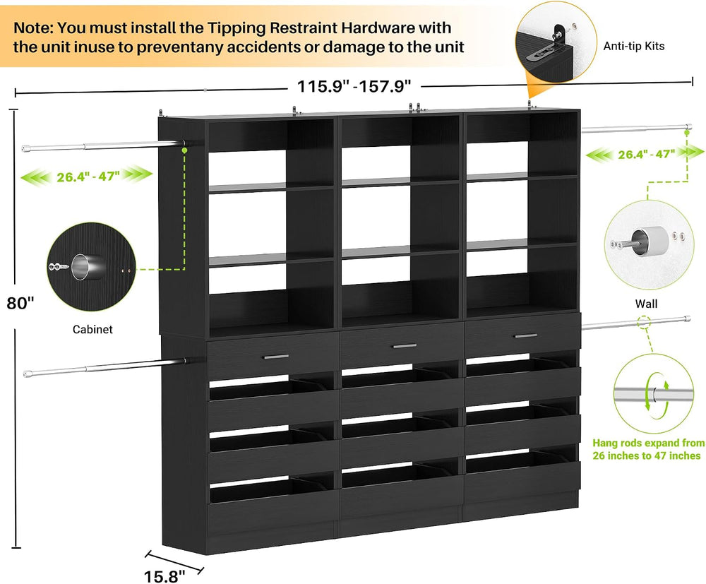 Aheaplus Closet System with 12 Drawers, 8.5-11.5Ft Closet Organizer System
