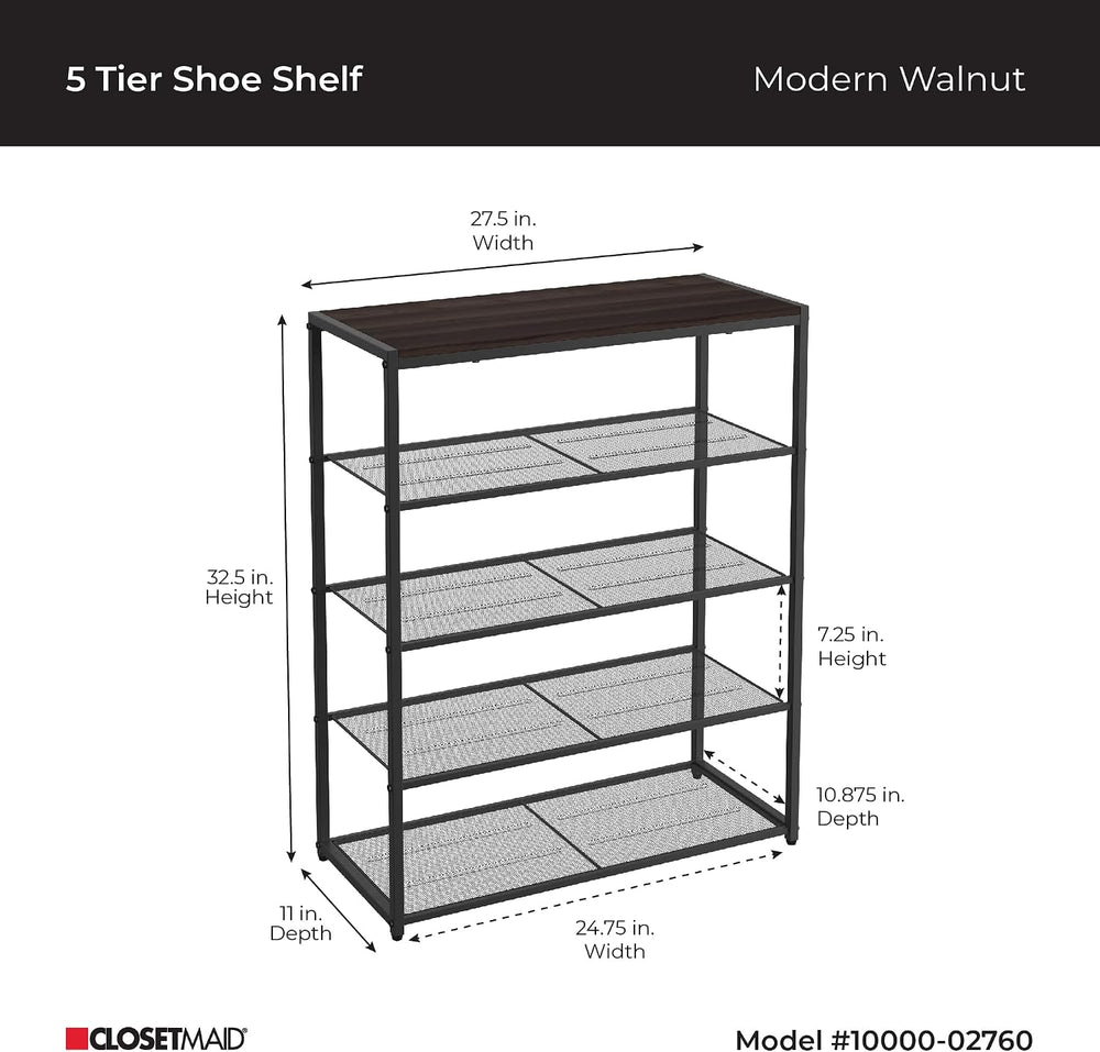 ClosetMaid 5-Tier Shoe Rack, Storage Organizer, with Wood Top Shelf, 4 Metal ...