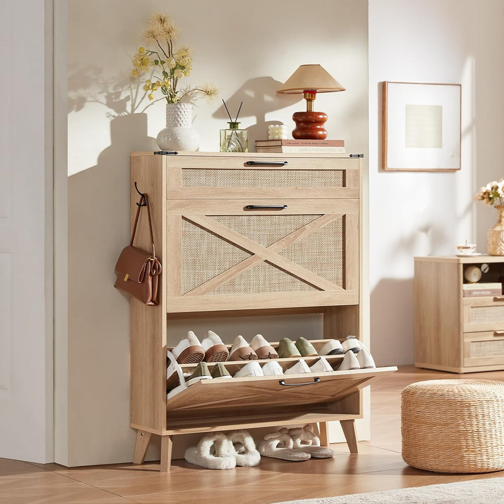 LEYAOYAO Rattan Shoe Cabinet Storage for Entryway with 2 Flip Drawers