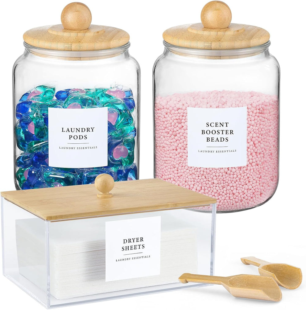 Glass Jars and Dryer Sheet Holder with Bamboo Lids, Dispenser Set and Labels,...