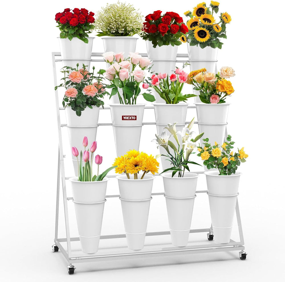 Flower Display Stand with 12 Buckets, 3-Layer Metal Plant Stand with Wheels, ...