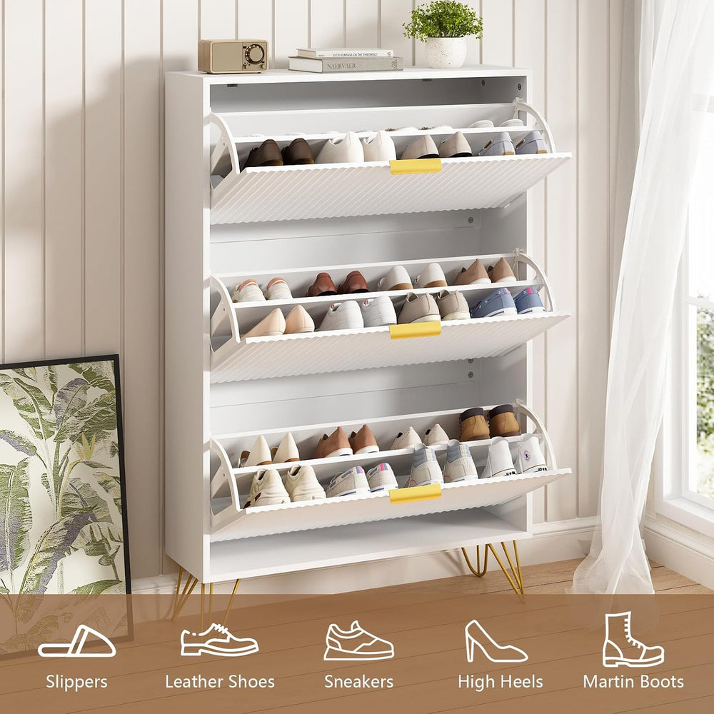 48"H Fluted Shoe Storage Cabinet with 3 Flip Drawers for Entryway, White