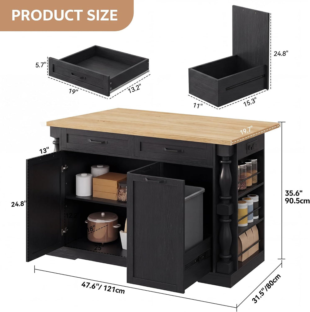48" Kitchen Island with Trash Can Storage & Drop Leaf, Traditional