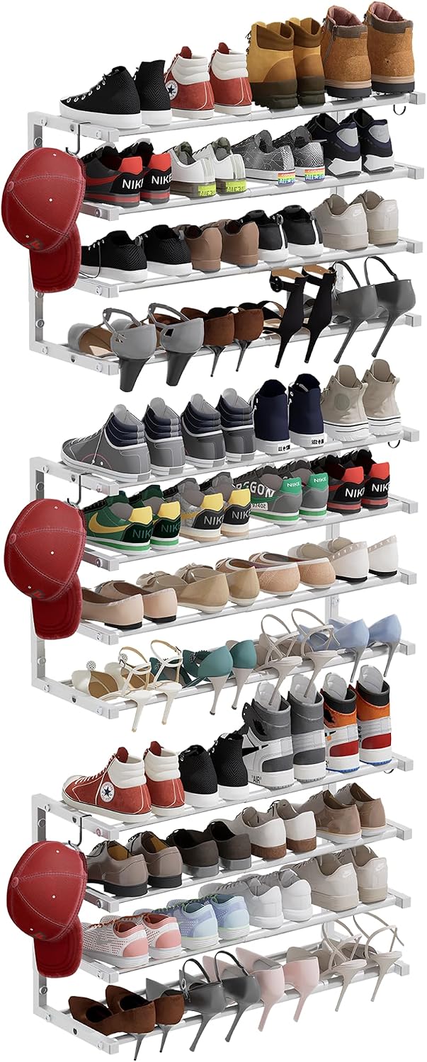 3 Pack Wall Mounted Shoe Rack, 4 Tier Hanging Shoe Rack Holds 48 Pairs, 17&qu...