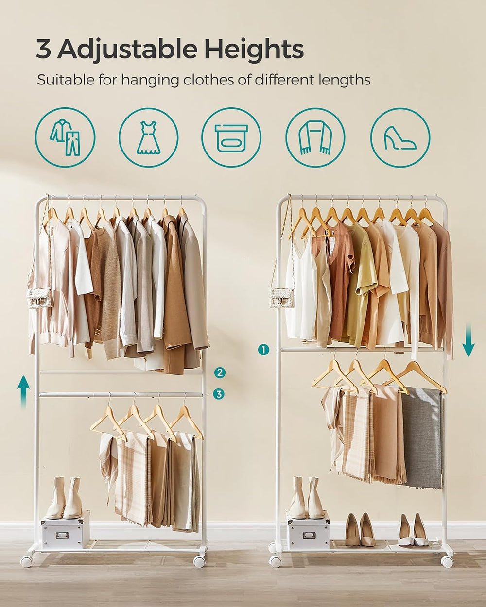 SONGMICS Clothes Rack with Wheels, Metal Garment Rack, Mesh Storage Shelf