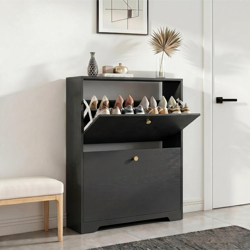 Nicetree Shoe Storage Cabinet with 2 Flip Drawer, Narrow Slim 2-Tier Shoe Org...