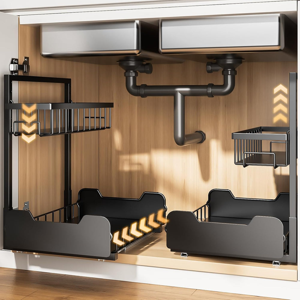 Under Sink Organizer, 2-Tier L-Shaped Pull Out Cabinet Shelf with 2 Installat...