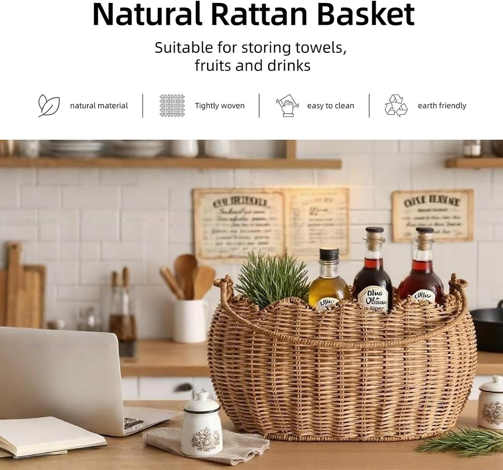 Scalloped Round Basket with Handle, Super Sturdy Wicker Storage Baskets, Hand...