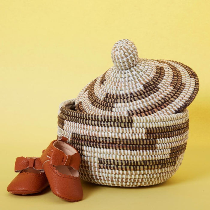 Decorative African Basket with Lid for Shelf, Brown Pattern on White, 10 Inch Wide