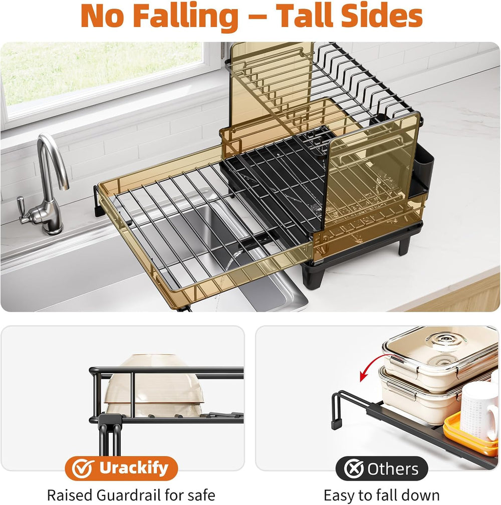 Urackify Expandable Sink Dish Drying Rack for Kitchen Counter, 2-Tier Black