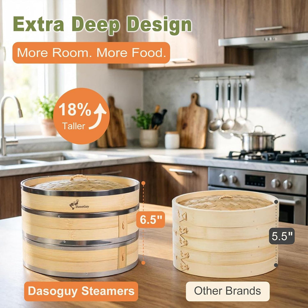 Bamboo Steamer Basket with Stainless Steel Rim 10 Inch Dumpling Steamer Kit